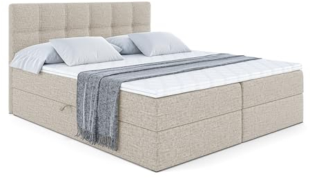 ALTDECOR Boxspringbett mit Matratze und Lattenrost, Boxbett, Topper, Polsterbett mit Bettkasten, Bett mit Stauraum H4-Matratze, Doppelbett, Springboxbett - Marce - 180x200 - Beige