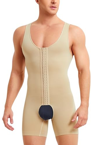 IFKODEI Body moldeador para hombre, con control de abdomen, entrenador de cintura, moldeador de cuerpo completo, fajas, camisas de compresión, pantalones cortos, Beige con ganchos, Medium/Large