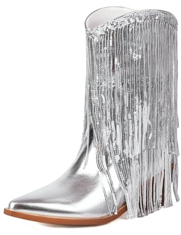 MJIASIAWA Donna Vernice A Collo Alto Cowboy Stivali Con Le Frange Senza Chiusura Appuntito Festa Warm Tacco A Blocco Moda Western Stivaletti Serata Scarpe Argento Numero 41 EU/43 Asiatico