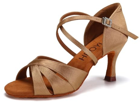 HROYL Women Latin Salsa Dance Shoes Satin Ballroom Practice Performence Dancing Shoes, EM-L3047-DB-Light Brown-7-S,UK 5