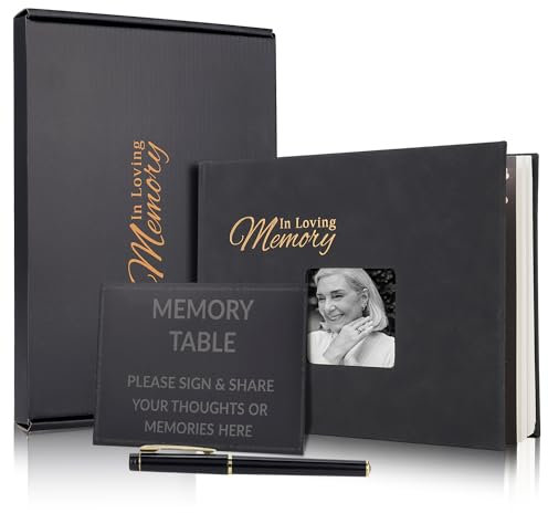 Funeral Memory Book, Leather Hardcover Funeral Guest Book with Gold Engraving, Guestbook for Celebration of Life Memorial Service, Book of Condolence with Memory Table Card Sign and Pen, 10.3 x 7.9