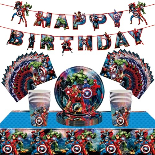 54Pcs Superhero Party Tableware Decorations for Boys Birthday,Superhero Avengers Cartoon Decorations Table Cloth,7inch Paper Plates,Banner,Paper Napkins for Avengers Theme Table Party Favor