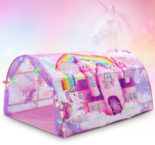 Wowangce Unicorn Bed Tent for Kids Large Kids Twin Tent Toddler Play Bed with Carry Bag Foldable with String Lights for Girls Boys Bedroom Indoor Games