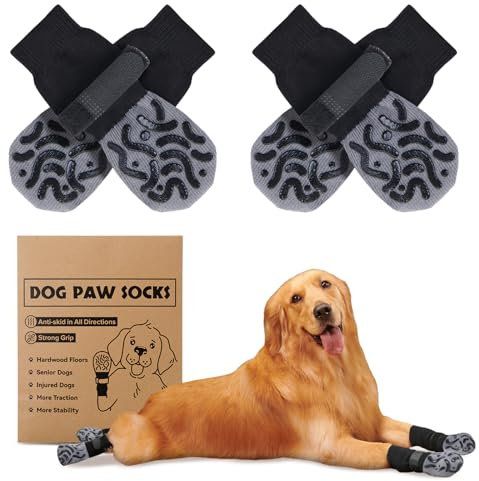 2 Pairs Dog Socks Paws Stop Licking, Anti Slip Dog Socks with Grips Strong Traction, Adjustable Dog Paw Protectors Prevent Scratching for Senior Dogs Hardwood Floors Indoor Walking, Size L