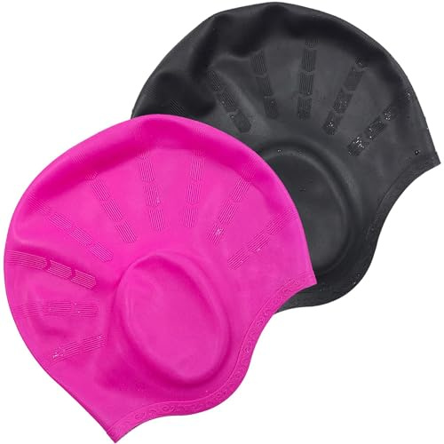 Swimming Cap,2 Pack Silicone Swim Cap for Women Men, Durable Non-Slip Waterproof Swim Cap Protect 3D Ear Protection