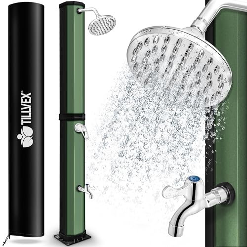 tillvex Douche Solaire avec Capot de Protection | Douche de Jardin Eau Chaude | Douche de Piscine Camping | sans raccordement électrique (Noir/Vert, 60 litres)