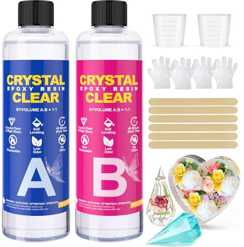 Epoxy Resin Kit 16oz/474ml - Crystal Clear Resin and Hardener Resin Epoxy kit,No Yellowing, No Bubbles Casting with Mixing Sticks and Cups, Best for DIY, Crafts, Beginners, Easy Mix 1:1 Ratio