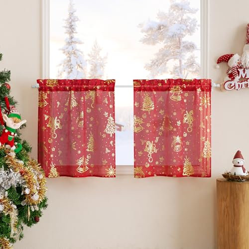 PONY DANCE Scheibengardine Weihnachten Stores Gardinen Rot Transparent Fenstergardinen 2er Set B 60 x H 45 cm Dekoration Küche Kurzgardinen für Kleine Fenster