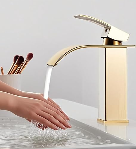 imiiHO 067 Waschbeckenarmatur, Edelstahl, goldfarben, polierte Oberfläche, moderner Wasserhahn für Badezimmer, Einhebelmischer