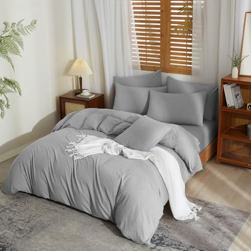 YASMENG Biancheria da letto in mezza lino, 135 x 200 cm, grigio chiaro, biancheria da letto in lino e cotone, moderna, morbida, traspirante, morbida, in lino, 2 pezzi, con chiusura lampo e federa da