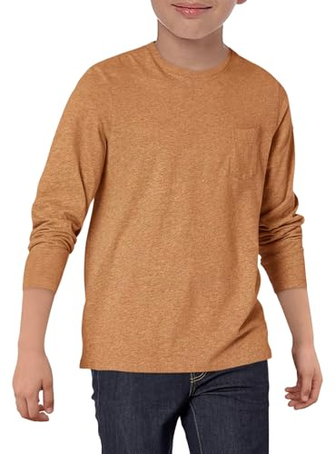 Haloumoning Camiseta de manga larga para niños de cuello redondo, monocolor, manga larga, deportiva, informal, básica, con bolsillo en el pecho, 5-14 años, marrón, 11-12 años