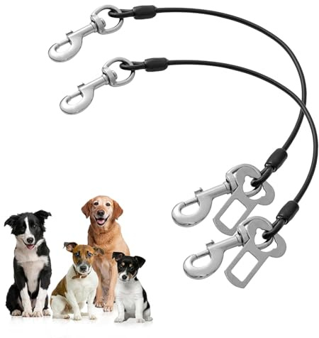 2PCS Dog Car Seatbelt, 24 inch Chew-Proof Dog Seatbelt, Safety Restraint with Coated Wire, Double Clips and Latch, Vehicle Dogs Accessories, Black