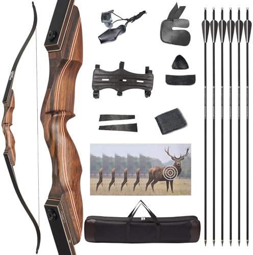 Pfeil und Bogen für Erwachsene,60 Zoll Takedown Recurvebogen Sportbogen Holzbogengriff 20-60lbs für Anfänger & Fortgeschrittene