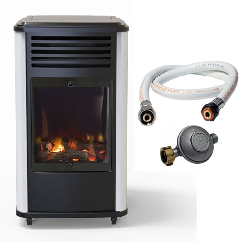 Sahara - Poêle à gaz Mobile 3400W Effet feu de Bois - Chauffage d'appoint gaz Blanc & Noir + Tuyau gaz + Détendeur Butane Manhattan