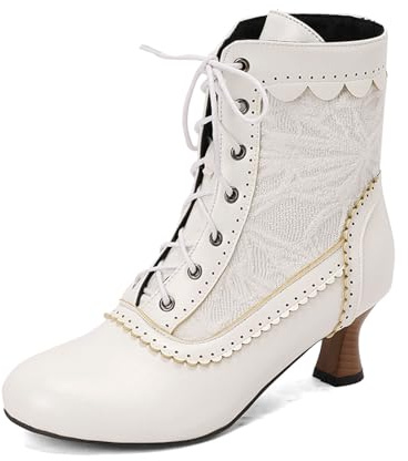 Botas victorianas vintage para mujer, botines con cordones, con cremallera, para disfraz renacentista, tacón medio, vestido de novia, botas, disfraz de bruja, Blanco, 37.5 EU
