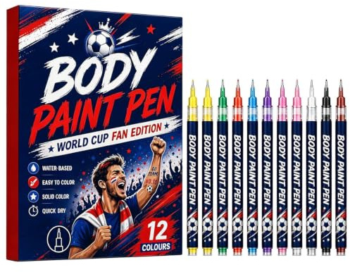 Pennarelli per Body Painting, Set da 12 Colori per Trucco Viso da Tifoso del Mondiale, Disegna Bandiere e Tatuaggi Temporanei, Pennarelli a Base d'Acqua Sicuri per Feste e Fai da Te