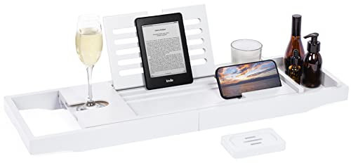 Woodluv Bath Tray, Extendable Bath Caddy Trays for Bathtub Accessories with Tablet Phone Slots, Candle Mug/Cup Holder, Bathroom Organiser, Bath trays for across the bath with Soap Holder, White