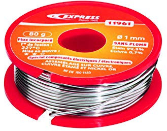 Express, 11961, Soudure Étain pour Assemblage Composants Électriques/Électroniques, 99,3% d’Étain et 0,7% Cuivre (Sans Plomb), 80 g, diamètre 1 mm, Flux incorporé, Accessoire pour Fer à Souder