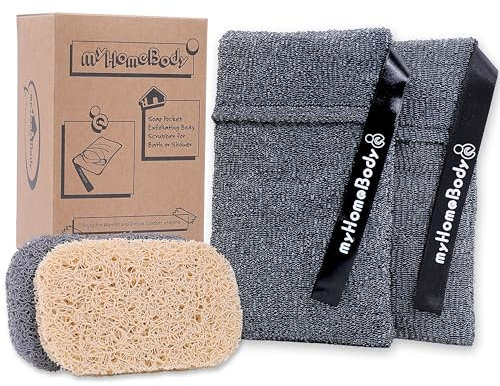 myHomeBody Pochette déponge exfoliante de savon pour le corps, Épurateur de corps pour les gros morceaux de savon ou les restes de savon, Ensemble de 2 tampons + 2 tampons économiseurs de savon