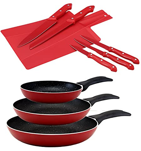 San Ignacio Juego de sartenes (16,20,24 cm) Revestimiento en marmol y Set 6 Cuchillos de Acero Inoxidable, Aluminio prensado, Negro/Rojo
