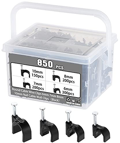 Kinsinder 850 Stück Kabelschellen Nagelschellen, Runde Kabelklemmen Nagel Kabelclips für Netzwerkkabel mit tragbarer Box 6 mm 7 mm 8 mm 10 mm (Schwarz)