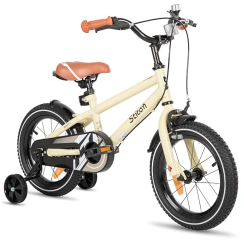 STITCH Vélo pour Enfants 14 Pouces de 3, 4 et 5 Ans Argent pour Filles et Garçons avec Stabilisateurs et Freins à Main, Beige