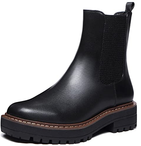Athlefit Women's Chelsea Ankle Boots Platform Slip On Chunky Heel Lug Sole Leather Booties Black 8