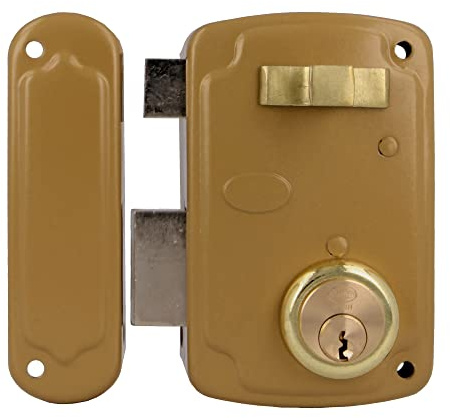 Amig - Cerradura de Sobreponer de Izquierda con Palanca de Cierre, Lengüeta y Tirador para Puertas de Madera Mod. 75U 76 x 120 mm Cilindro Redondo de Seguridad Acero Dorado