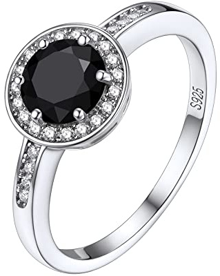Bestyle Luxurious White Gold Vermeil Sterling Silver Rings Cubic Zirconia Wedding Engagement Rings Eternity Bridal Band 1 Carat Black Round Gemstone Rings for Wife Fiancee Girl Friends, Size 6