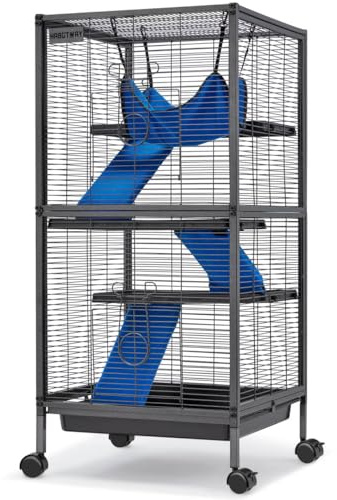 HABUTWAY 45''H Metal Small Animal Cages, Rolling Chinchilla Cage with Removable Ramps, Lagre Cage for Chinchillas/Guinea Pigs/Rabbit, Ferret Cages with Hammock & 4 Tiers, Black