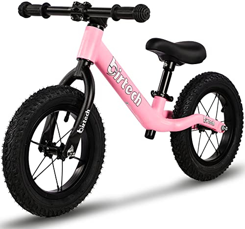 Birtech 12 Balance Bike for 2, 3, 4, 5 Year Old Boys and Girls, Lightweight Nylon Frame Toddler Training Bike No Pedal Bikes for Kids with Adjustable Seat and Air Tires (Pink)