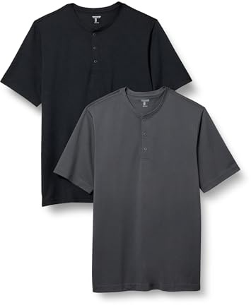Amazon Essentials T-shirt Henley à Manches Courtes en Jersey À Séchage Rapide, coupe Classique Homme, Lot de 2