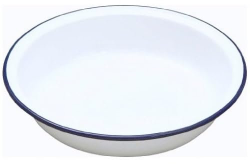 Premium Quality Traditional Enamel White Blue Trim Round Pie Dish 18cm Plate, Soup Plate, Mixing Bowl, Deep Dish Tableware Crockery