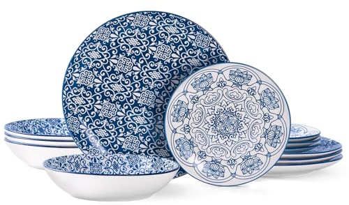 Bestone Porcelain Dinnerware Sets Service for 4, 12 pcs Hand drawn Plates and Bowls Sets, Handmade Ceramic Dish Set, Chip Resistant Modern Plate Set, Dishwasher/Microwave Safe，Vintage Blue