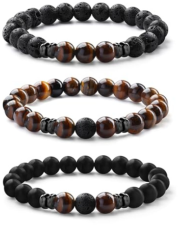 MILACOLATO Beaded Bracelets for Men 8MM Tigers Eye Mens Bracelet Matte Lava Rock Bracelet Adjustable Stretch Mens Bead Bracelets Father's Day Men Jewellery Gifts
