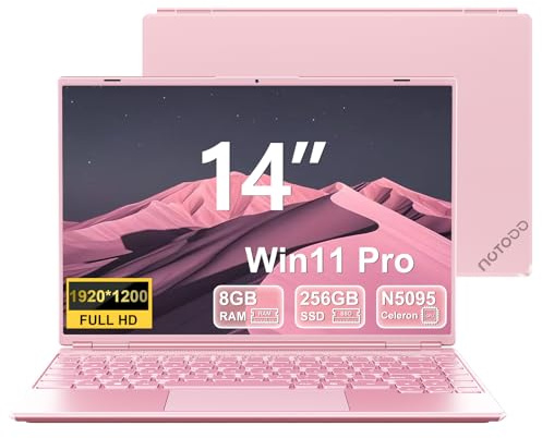 NOTODD 2025 Ordinateur Portable 14 Pouces Win11 Pro PC Portable Gamer Celeron N5095 8Go RAM 256Go SSD Soutien Extension 1TB(TF 512Go) 1920x1200 Laptop Mini HDMI Type-C AZERTY Clavier Couverture-Rose