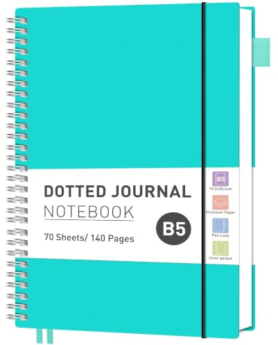 RETTACY B5 Spiral Notebook, Dotted Journal, 140 Pages, Turquoise | Flexible Plastic Cover Notepad, 100 GSM Thick Bullet Paper, for Women Men Work Office School - 19 × 25 cm
