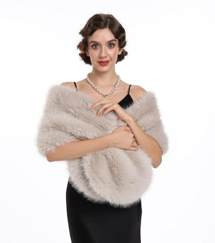 SAFERIN Women Luxurious Large Winter Faux Fur Scarf Wrap Collar Shrug for Lady Poncho Wedding Dinner Party (Shawl-Soild Beige)