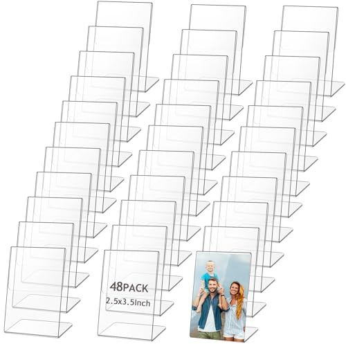 Bgtecho 48 Pcs Acrylic Picture Frames, 2.5x3.5 Inch, Slant Back Acrylic Sign Holders, Plastic Menu Holders, Clear Frames for Wedding, Office, Restaurant, Store