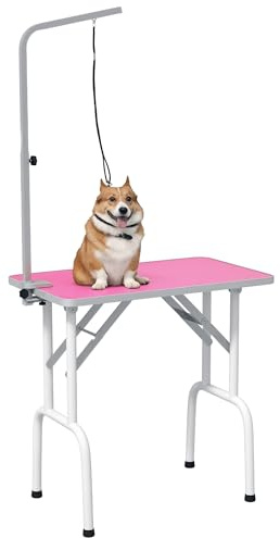 PawHut Table de toilettage pliable de 81,3 cm pour chien, table de beauté pour le séchage des animaux domestiques, bras fixes réglables, dessus en caoutchouc, rose