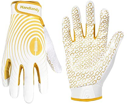 HANDLANDY American Football Handschuhe für Jugendliche, klebrige breite Empfängerhandschuhe für Kinder und Erwachsene, Schwarz und Gold, Stretch-Passform, Fußballhandschuhe (Weiß & Gold, Größe L und