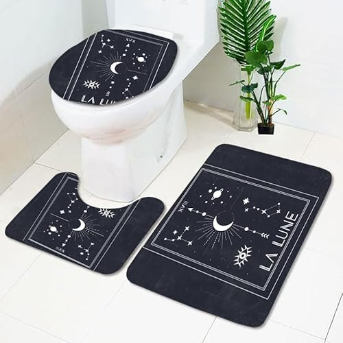 Badezimmerteppich Schwarzer Weißer Mond WC Vorleger mit Ausschnitt WC Deckelbezug 3 Teiliges WC Teppich rutschfeste Badgarnitur U förmiger Badematte Waschbar Bad Teppiche Set 50x80 cm