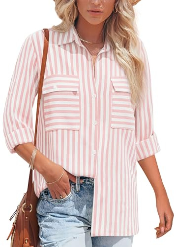 NONSAR Blusa de manga larga para mujer, a rayas, informal, de algodón, túnica de manga larga, blusa de lino