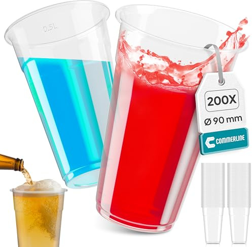 Commerline Plastikbecher Trinkbecher Einwegbecher 0,5 Liter 200 Stück