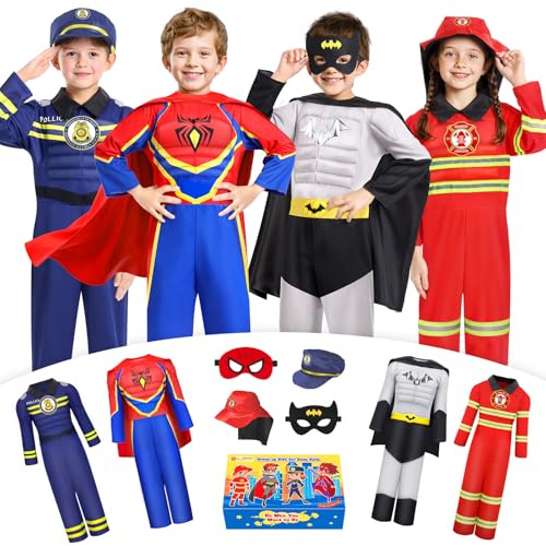 Jeowoqao Costumes for Kids Boys Dress up Clothes for Role Play, Boys Muscle Chest Dress up Costumes with Policeman, Fireman Costume for Toddler Boy 3 4 5 6 Years Christmas Birthday Gifts