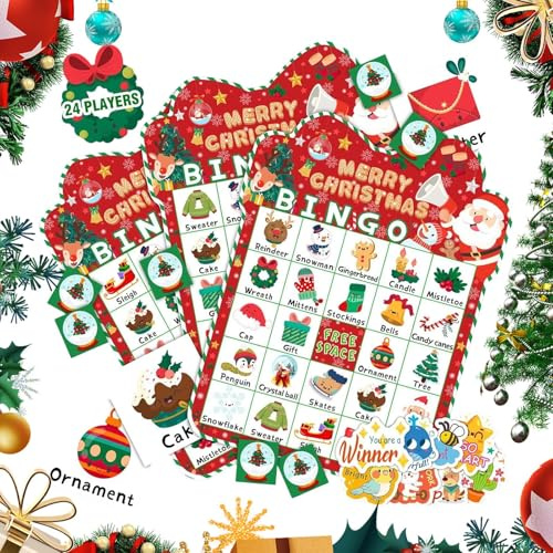 Christmas Bingo Game - Holiday Party Card Set for Kids Teens Beginners | Portable Paper Deck with 24 Player Cards Instruction Host and Marker Cards, Fun, Classroom, Travel and Indoor Activity