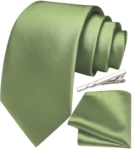 Ailisus Sage Green Tie and Pocket Square Set Satin Silk Necktie & Handkerchief for Men Wedding Business Formal Classic