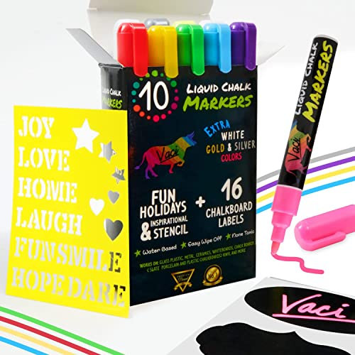 Vaci Neon Liquid Chalk Markers - Erasable Chalk Pens for Chalkboard, Car Window, Glass, Mirror, Blackboard with Reversible Fine Tip - 10 Pack