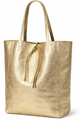 LeahWard Large Leather Hobo Shoulder Bag, Women's Genuine Italian Hand Made Shoulder Bags, A4 College School Work Business Bags (Gold)