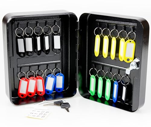 ABN Finest Key Cabinet Holder Safe Box Store Lockable Wall Mounted Metal with 20 Keys Tags - Black